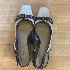 Etienne Aigner linen look fabric brown leather sling back heel shoe